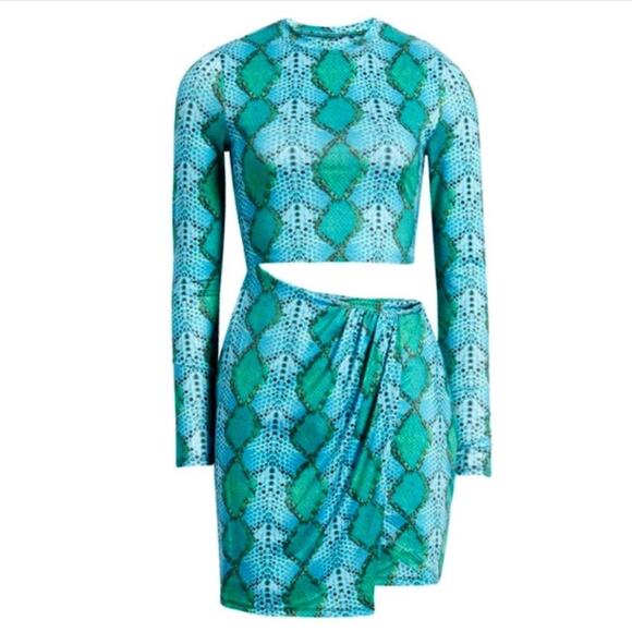 AFRM: Iman Snakeskin Print Cutout Long Sleeve Minidress in Teal Snake – Med - Picture 1 of 6